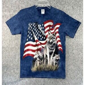 Vintage The Mountain Shirt Men’s Sz M Blue Tie Dye Wolf Wolves USA American Flag